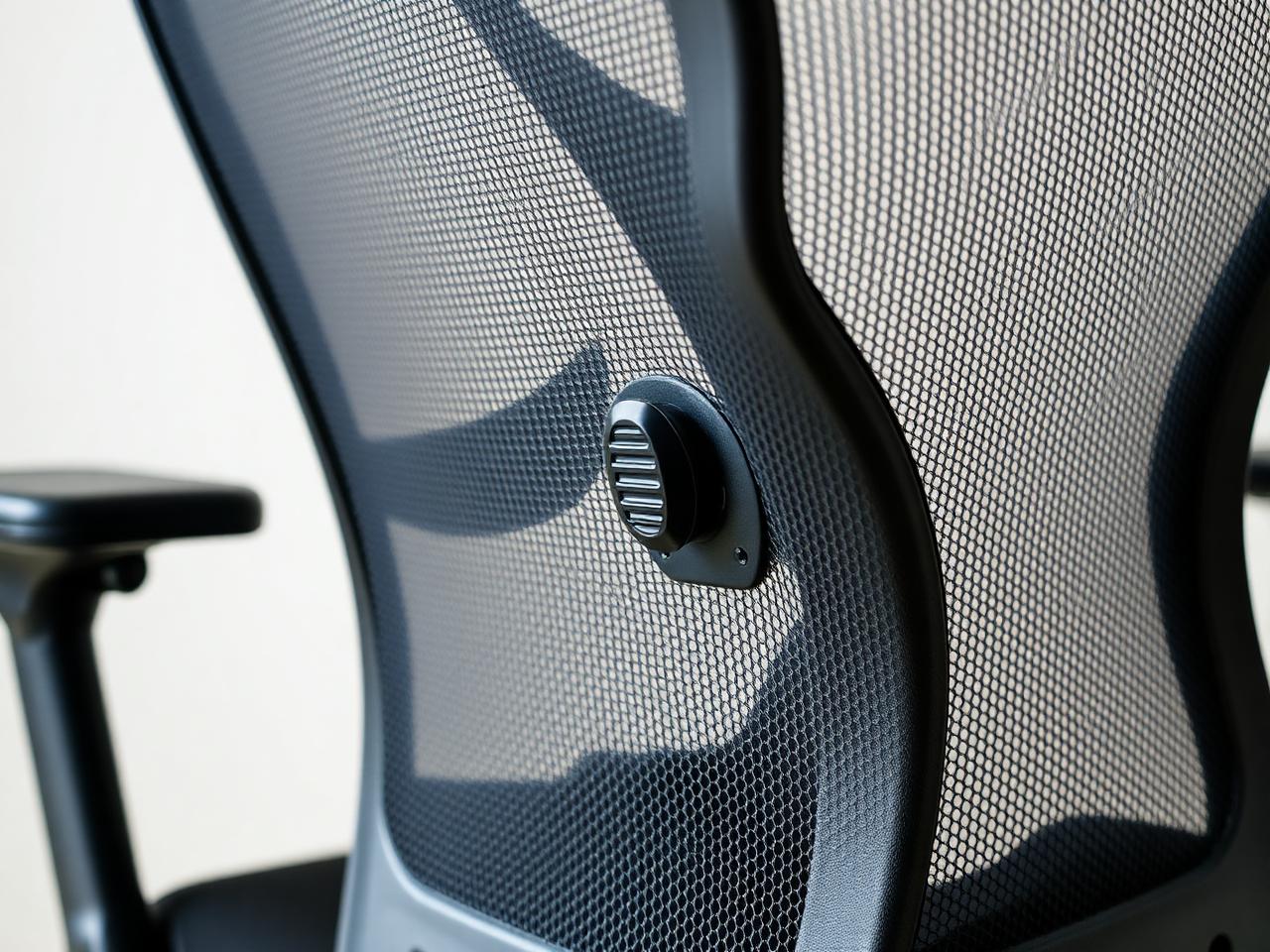 Close-up of the dual-layer mesh back and lumbar adjustment dial