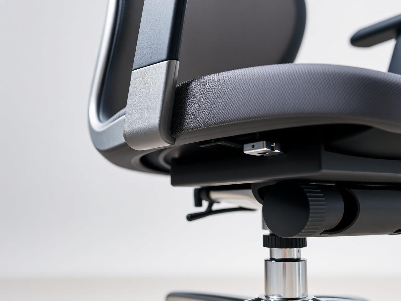 Close-up of the seat edge, armrest, and aluminium base