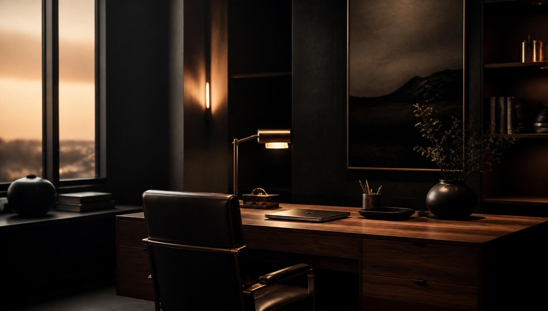 A minimalist walnut workspace at dusk
